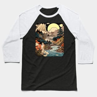 Japanese Zen Landscape Nature Scene Woodblock Painting Style Baseball T-Shirt